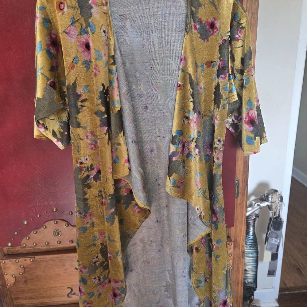 LuLaRoe Mustard Floral Drape Cardigan with Pink & Teal Accents